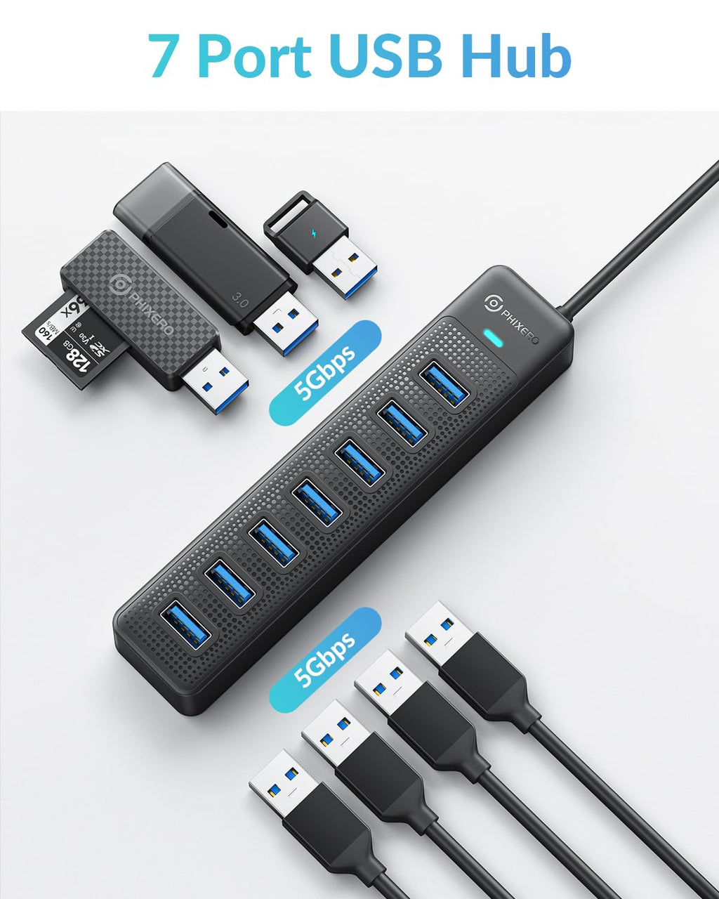 PHIXERO 7 Port USB Hub, 3.3FT/1M Long Cable USB 3.0 Hub Multi USB Port Hub Adapter Extension USB Splitter USB Hub for PC, Compatible with All USB 3.0/2.0/1.1 Device