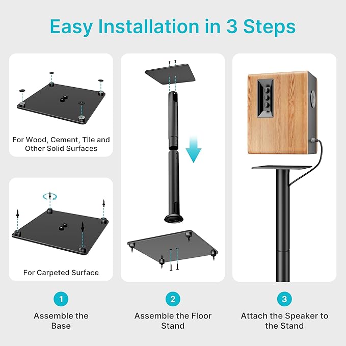 Speaker Stands Pair for Surround Sound,55 LBS Capacity,30.1 inch Floor Bookshlef Speaker Stands,Cable Management,Large Base,1 Pair,Black
