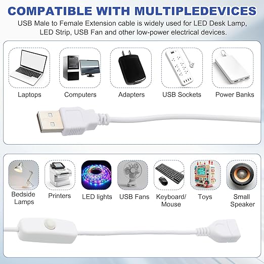 MECCANIXITY USB Extension Cable with ON/Off Button Switch 1m USB Male to Female Extension Cord for Desk Lamp Fan LED Light Strip White Pack of 1