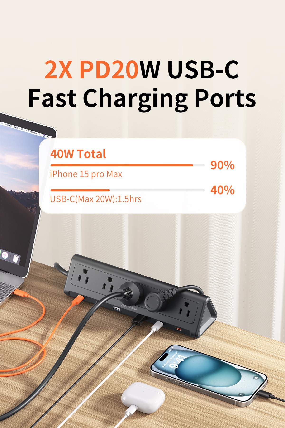 6.5 FT Desk Clamp Power Strip with 5 AC Outlets & 6 USB Ports PD 40W USB-C Fast Charging, Extension Cord with Multiple Outlets, Fits 2.1 in top Edge Black