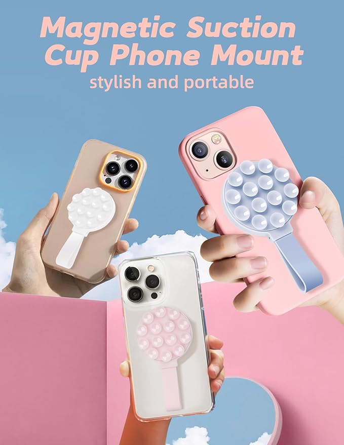 Magnetic Suction Phone Case Mount, Silicone Suction Cup Grip Stand for MagSafe Case, Hands-Free Phone Holder for iPhone 16/15/14 Pro Max, TikTok Videos, Selfies, Women Gift (Light Pink)911001A (White)