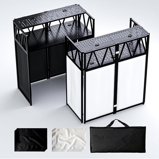 DJ Table Stand Portable booth Double Deck, Foldable DJ Stand Booth, Heavy-Duty Adjustable Height DJ Facade Booth, Easy to Assemble, Stylish, Convenient to Store and Transpor