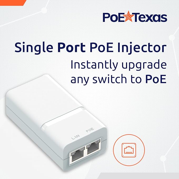 Poe Texas PoE Injector - Single Port Power Over Ethernet Passive PoE Adapter - 10/100/1000 Gigabit Data with Integrated 48V 15W Power Supply - Plug & Play Home Office, Tablets, VoIP Phone, WiFi AP