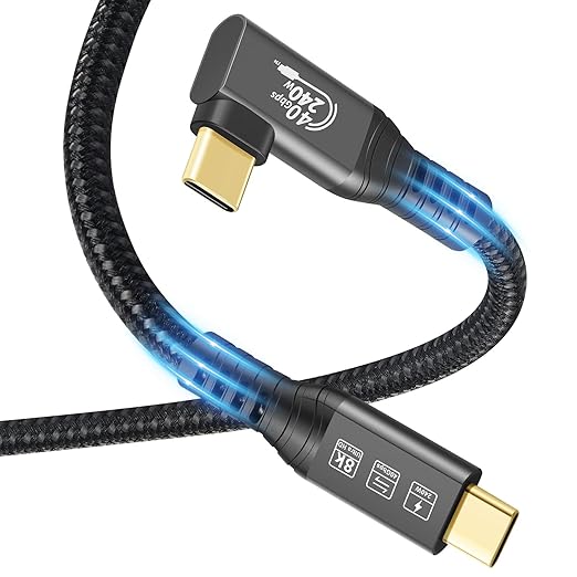 USB4 Thunderbolt 4 Cable, 240W Charging, 40 Gbps Data, 8K @ 60Hz HDR, USB C to USB C, 90Degree for Hub, Dock MacBook, M2, M3, Mac SSD (90Degree USB4 40G 240W 1.5M)