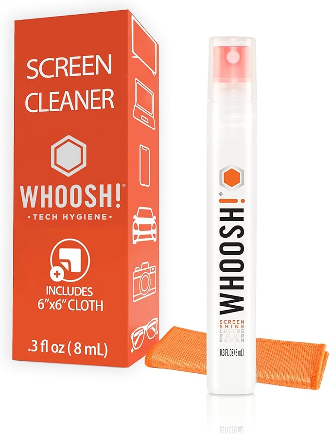 WHOOSH! Screen Shine Pocket 0.3 fl oz – Powerful Computer Screen Cleaner for Car, Laptop, Phone & Eyeglasses – Streak-Free Screen Cleaner Spray and Wipe, Sleek Leak-Free Bottle with Microfiber Cloth
