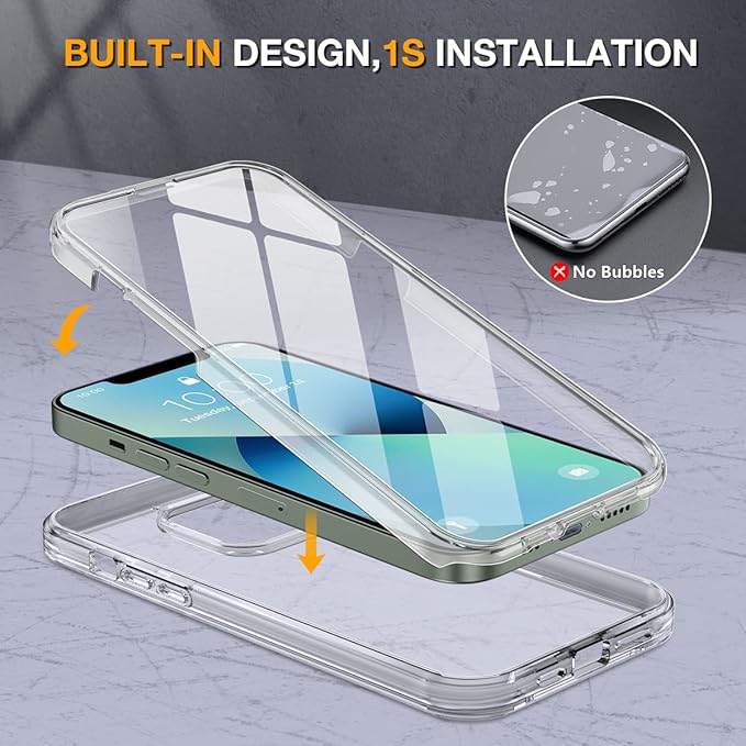 Miracase Compatible with iPhone 13 case 6.1 inch, 2023 Upgrade Full-Body Glass Clear Case Bumper Case with Built-in 9H Tempered Glass Screen Protector for iPhone 13,Clear