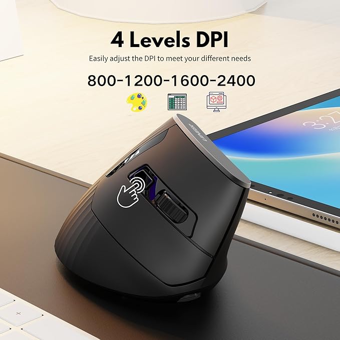 Vertical Mouse Wireless, 2.4G Rechargeable Mouse with Battery Indicator,4 Level DPI,Ergonomic Design for Comfort and Reduced Wrist Strain, Ideal for Home,Office Use (Black)