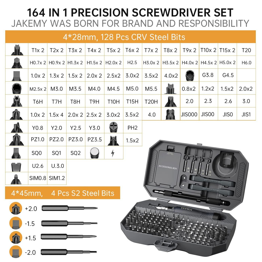 JAKEMY 164 in 1 Precision Screwdriver Set, Laptop Screwdriver Kit, Professional Computer Screwdriver Repair Tools with T5 T6 Torx Screwdriver Bit for MacBook, iPhone, PC, RC, PS5, Watch, Xbox, DIY