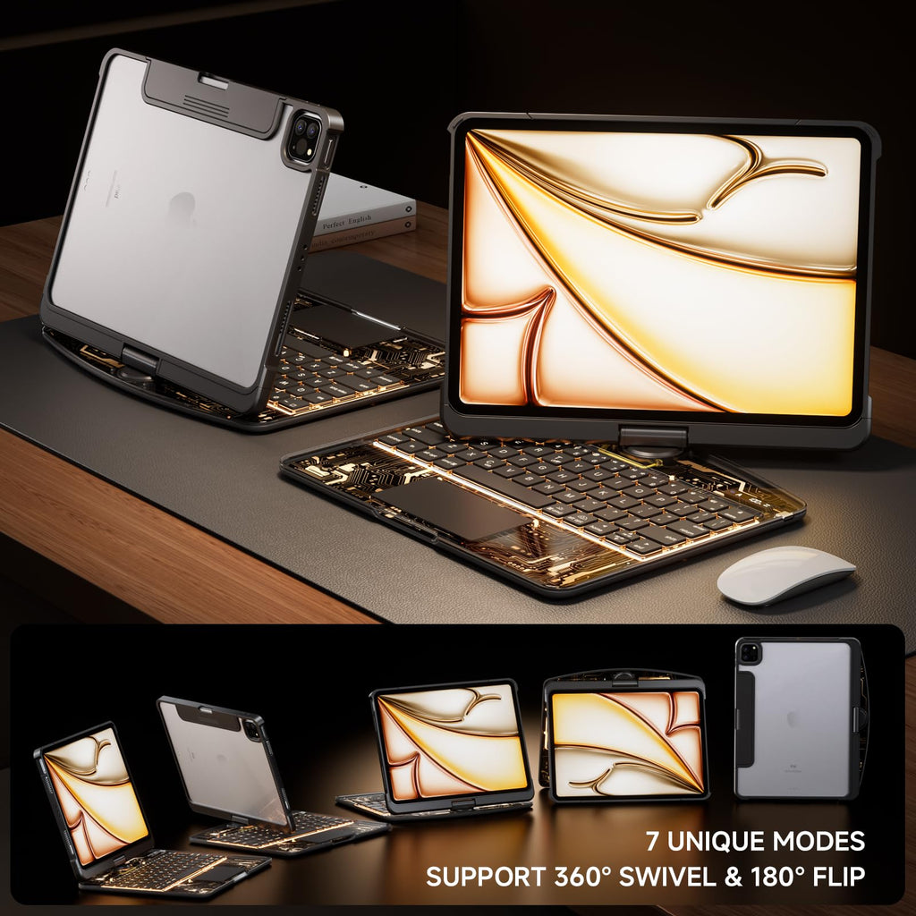 Transparent Case with Keyboard for iPad 11th Gen 11 Inch.(A16, 2025) & 2022 iPad 10th Gen 10.9 Inch,7-Color Backlit,Wireless Keyboard, 360°Rotating,with trackpad,Pencil Holder,with Shortcuts,black