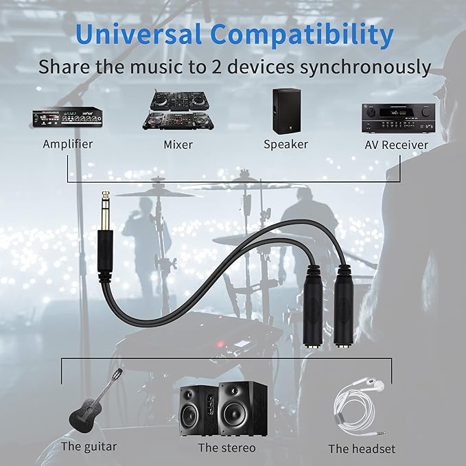 1/4 Splitter Cable, 1/4 Inch (6.35mm) TRS Male to Dual 1/4 Inch TRS Female Stereo Jack Adapter, Quarter inch TRS Headphone Splitter Cable - 8 inches/20cm