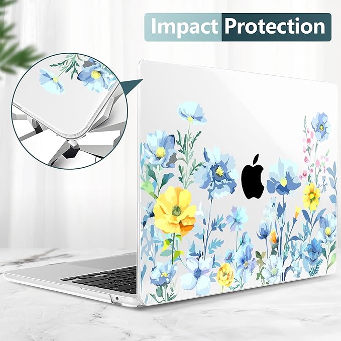 TWOLSKOO Compatible with M4 MacBook Air 15 inch Case 2025-2023 Released Model M4 A3241 M3 A3114 M2 A2941, Plastic Hard Shell & Screen Protector & Keyboard Cover & Type C Adapter, Blue Flowers