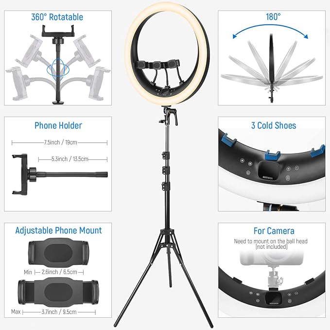 NEEWER Ring Light RP19H 19 Inch with Tripod Stand 3 Phone Holders Compatible with iPhone, Upgraded 2.4G Touch Control Ringlight for Video Recording Streaming Home Office Zoom Selfie Makeup Lighting