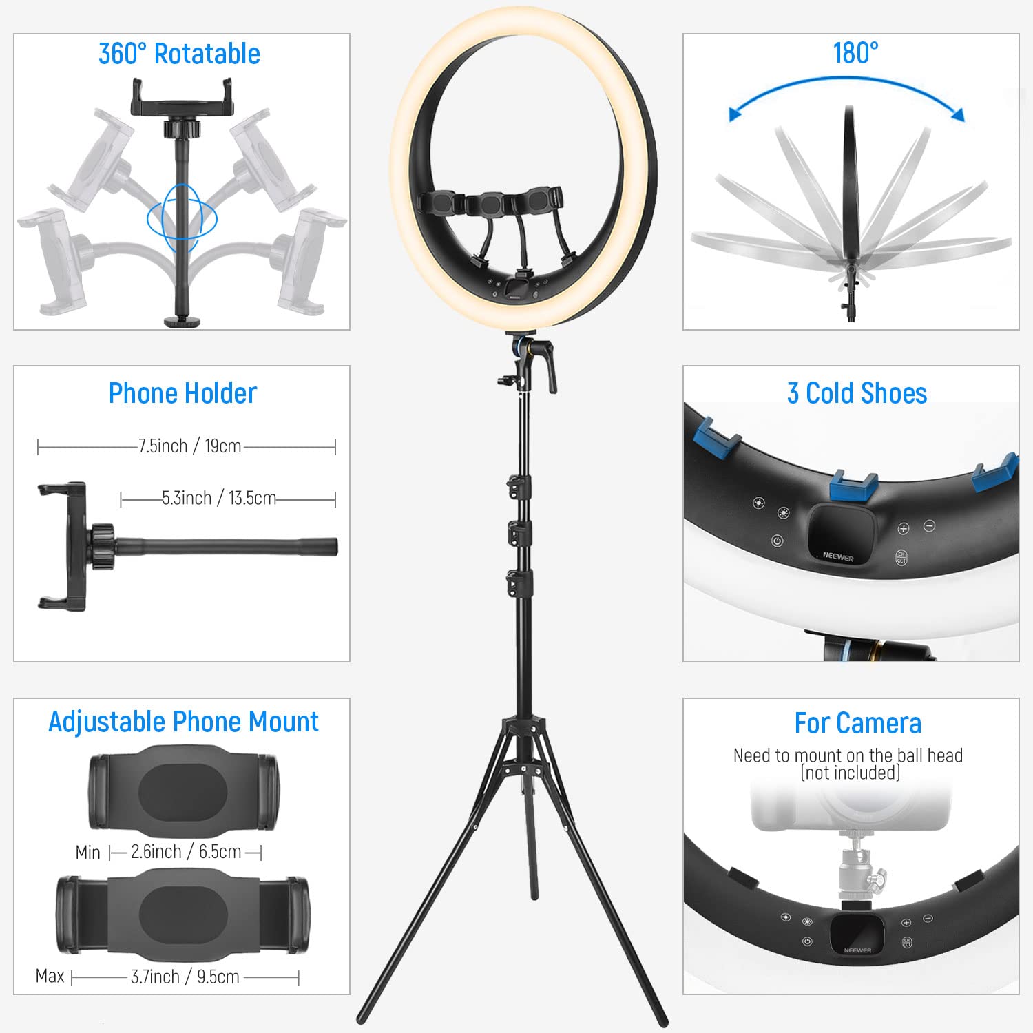 NEEWER 19 inch 2.4G Ring Light with Stand, 3 Phone Holders, 2.4G USB Transmitter for Mac/PC Remote Control, Touch Panel, Smooth Dimming at 1%, 3200K-5600K for Selfie TikTok Live Streaming Zoom, RP19H