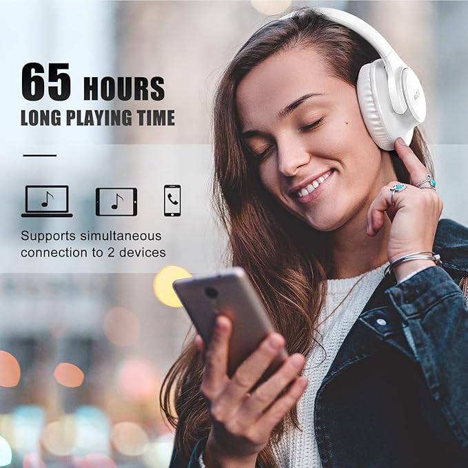 KVIDIO Bluetooth Headphones Over Ear, 65 Hours Playtime Wireless Headphones with Microphone, Foldable Lightweight Headset with Deep Bass, HiFi Stereo Sound Low Latency for Laptop PC Cellphone