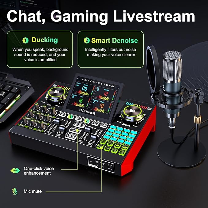 Podcast Microphone Bundle with Live Sound Board Audio Mixer, Podcast Equipment Bundle with 3.5mm Condenser Microphone(P15) for Pc/Phone Live Streaming Singing Gaming, Voice Changer, Denoise