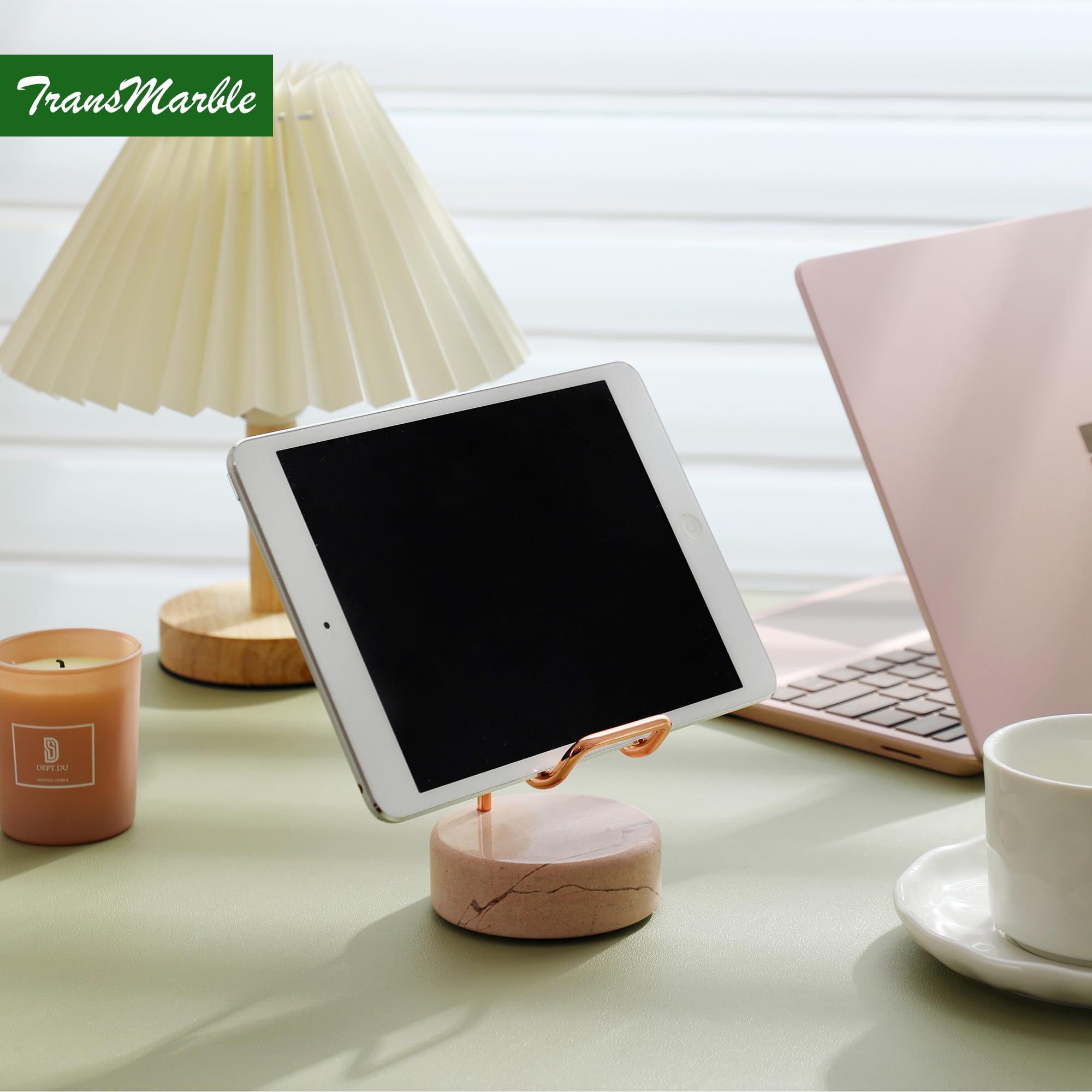 TransMarble Marble Phone Stand with Metal Holder, Charging Available While Using, Swipe Up to Unlock, Made of Natural Marble as Business Card Holder for Office Desk (Rose Pink + Rose Gold)