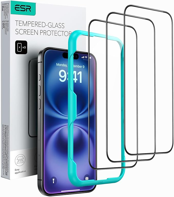 ESR 3 Pack for iPhone 16 Plus/iPhone 15 Plus Screen Protector, [9H Hardness] [Military Grade Shatterproof] Full Coverage Tempered Glass Film with Easy Installation Tool, HD Clear, Scratch Resistant