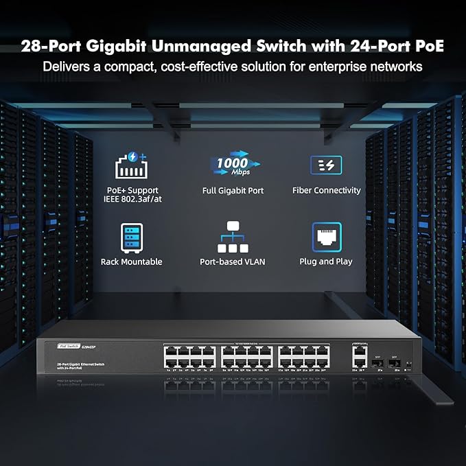 24 Port Full Gigabit PoE Switch with 2 GE Uplink, 2 Gigabit SFP, IEEE802.3af/at Max 400W, YuLinca Unmanaged Rackmount Switch with VLAN and AI Watchdog