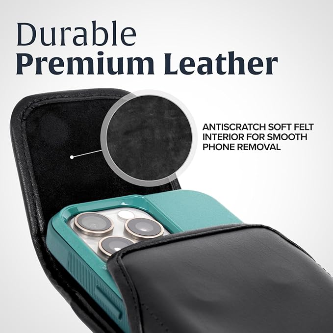 Turtleback Belt Clip for iPhone 16 Pro, 16e, 15 pro 14 Pro 13 Pro -Medium- Fits w/Shockproof Commuter Style Cases, Premium Black Leather, Vertical Belt Holder, Magnetic Closure HD Rotating Clip
