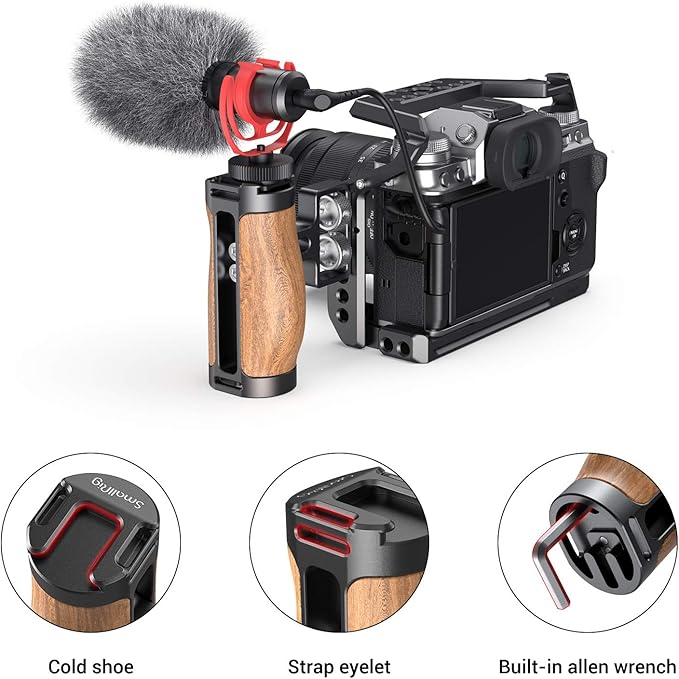 SMALLRIG Wooden Mini Handle Side Handgrip with 1/4"-20 Screws for Mirrorless Digital Camera DSLR Camera Small Camera Cage with Cold Shoe Mount Built-in Wrench, Up and Down Adjustable - 2913