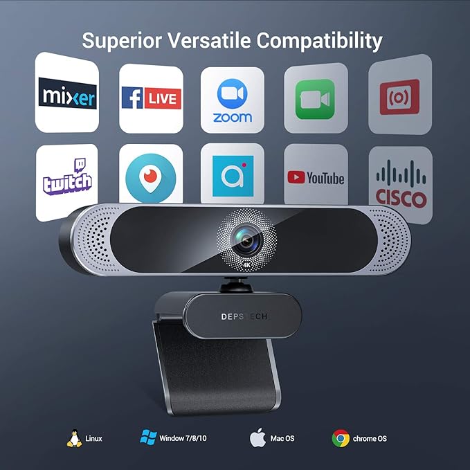 DEPSTECH 4K Webcam, DW49 HD 8MP Equipped with Sony Sensor Autofocus Webcam with Microphone, Privacy Cover, Plug Play USB Computer Web Camera for Pro Streaming/Online Teaching/Video Calling/Zoom/Skype