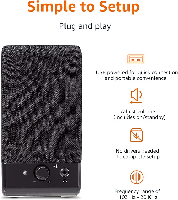Amazon Basics USB-Powered Computer Speakers for Desktop or Laptop PC with Volume Control, Plug-N-Play, Black