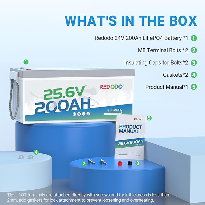 Redodo 24V 200Ah LiFePO4 Lithium Battery, Built in 200A BMS, Max. 5120Wh Energy, Up to 15000 Deep Cycle Lithium Battery, Perfect for Solar Home System, RV, Off Grid, Marine (2 Pack)