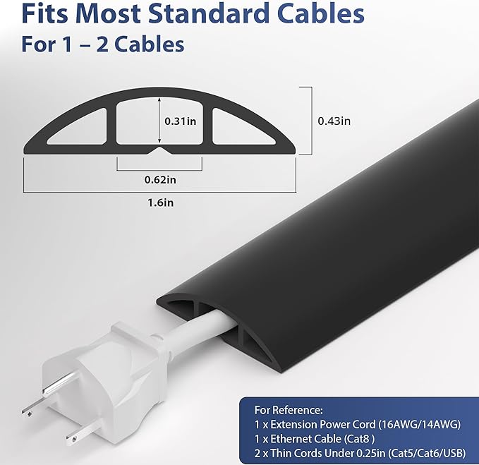 ZhiYo 10ft Cord Covers for Wires on Floor, Cord Hider Floor Hide Extension Cords, Soft PVC Cable Cover Cable Protector, Cable Cavity W0.62in, H0.31in, Black