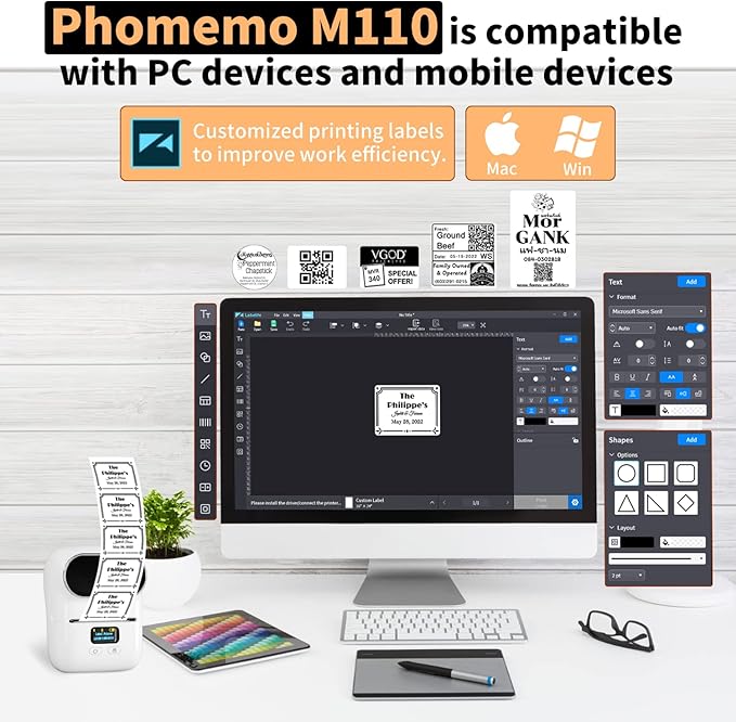 Phomemo M110 Label Makers - Portable Bluetooth Thermal Label Maker Machine,Label Printer for Barcode, Clothing, Jewelry, Retail, Mailing, for Android & iOS, with 1Pack 40×30mm Label, White