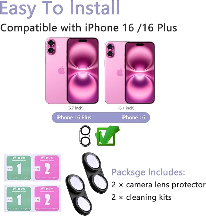 2 Pack Camera Lens Protector for iPhone 16 / iPhone 16 Plus,[Not Easy to Breakn ] AR Tempered Glass Strong Adsorption Metal Camera Cover Screen-Black