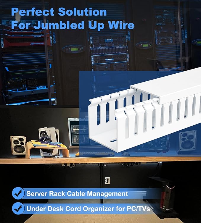 ZhiYo 2x2in Professional Server Rack Cable Management Raceway, 78in(2xL39in) Cable Raceway Kit, Electrically Safe PVC Open Slot Wire Cover, Cord Hider for Under Desk/Computer/Network Cords White