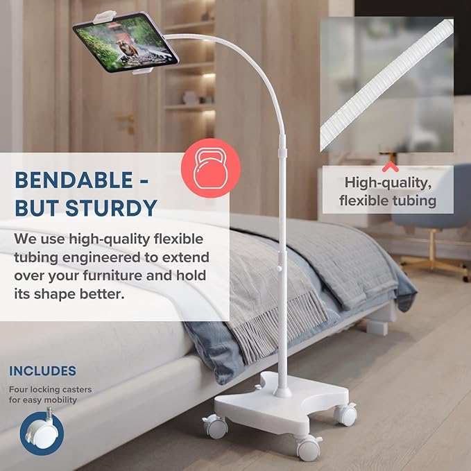 LEVO Adjustable Height Floor Stand on Wheels for Tablet & Phone - Gooseneck Holder Mount with Stable Base - Compatible with All Cell Phones & Tablets (4-13 inch) - White