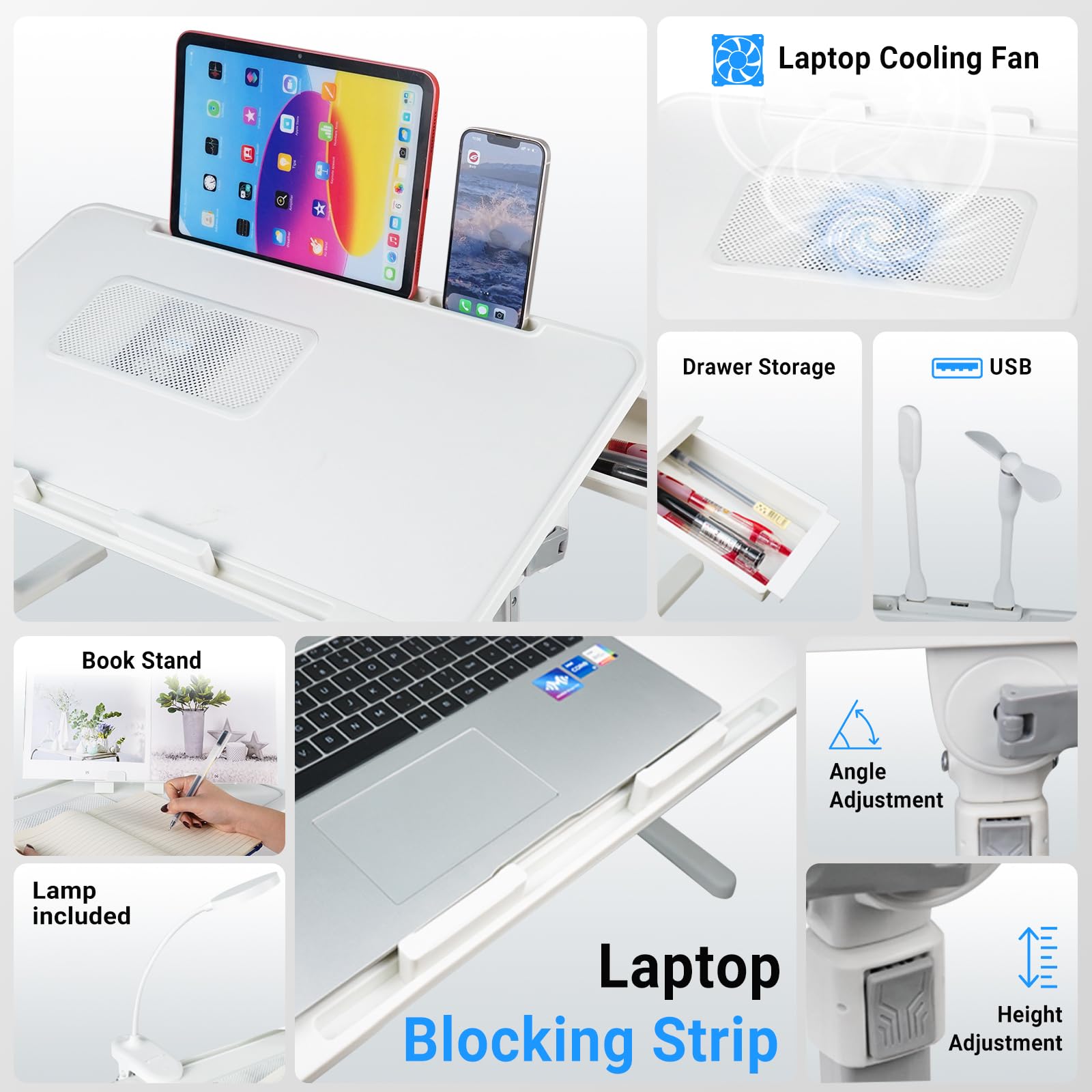 iXTRA Adjustable Laptop Lap Desk with Cooling Fan USB Light for Adults 56x32cm,White
