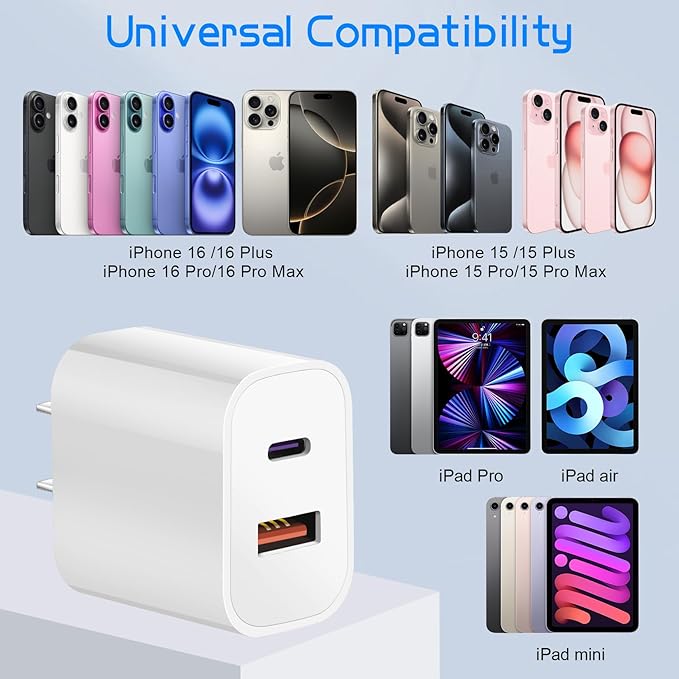 iPhone 16 15 Charger Fast Charging Block,Dual Port USB A/C Charger Adapter Plug,2Pack Quick Double USB A/C Wall Power Plug,6FT USBC to C Cable for iPhone 16 ProMax/16 Pro/16 Plus/15 ProMax/15/iPad Pro