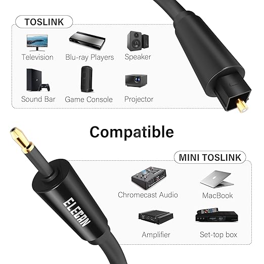 Elecan Mini Toslink to Toslink Digital Optical S/PDIF Audio Cable 50 Ft, Gold Plated Soft Flexible Fiber Optic Cable,Signal Protection PVC,Surround Sound for Soundbar,Home Theater,Hi-Fi System+Ties MI