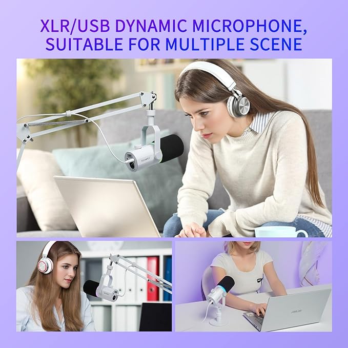 FEELWORLD PM1 XLR USB Dynamic Microphone with Desktop Stand Gifts for Podcast Recording PC Computer Gaming Streaming Vocal Voice-Over, Studio Metal Mic, RGB Light, Mute Button, Headphones Jack (White)