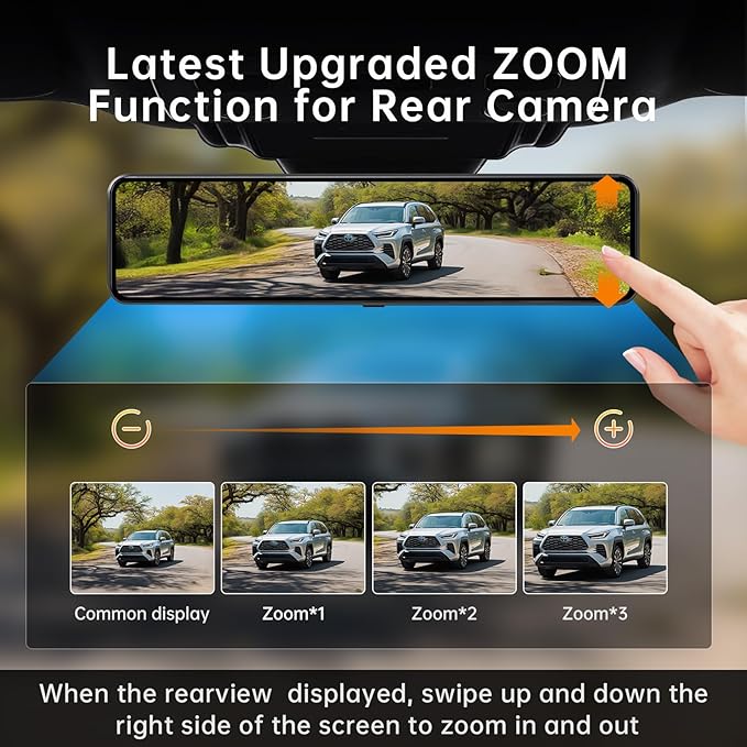 12" 4K UHD Mirror Dash Cam Front and Rear with Zoom Backup Camera, 2160P Dual Rear View Mirror Camera for Cars & Trucks, 64GB Card Included, GPS, WDR, Super Night Vision, Parking Assist & G-Sensor