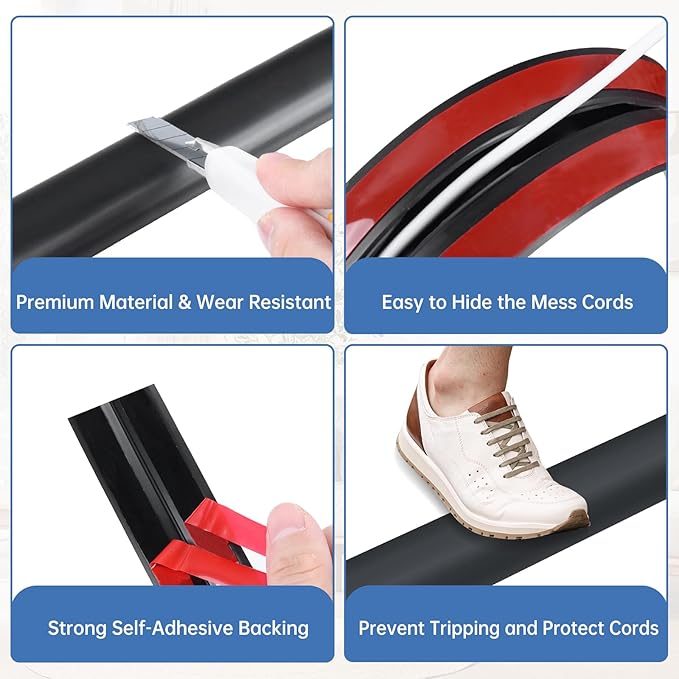 Floor Cord Cover Self Adhesive Cord Hider Floor Extension Cord Covers for Floor Power Cord Protector Cable Management Prevent Cable Trips Cable Cavity 0.47" W x 0.27" H (Black, 3.3Ft)