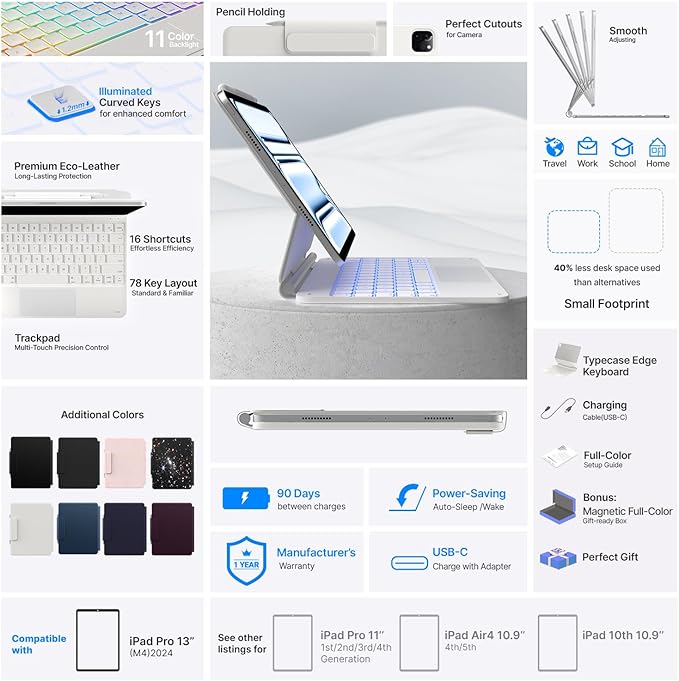 typecase Keyboard Case for iPad Pro 13-inch (M4) 2024,Magic Keyboard with 11 Colors Backlight for iPad Pro 13,Keyboard Case with Pencil Holder,Multi-Touch Trackpad, Easy-Set Magnetic Stand,(White)