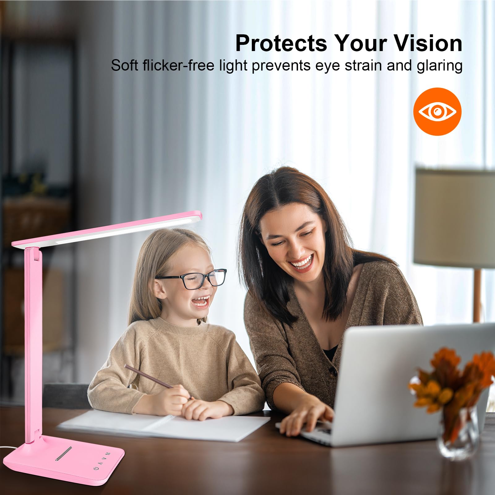 shinelife LED Desk Lamp for Office Home, Bright Desk Light with USB Charging Port, Adjustable Dimmable Desk Lamps 5 Modes 5 Brightness, Touch Study Lamp for Nail, Craft, Puzzle, Sewing, Study, Pink