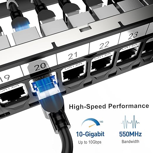 Jadaol 24 Port Shielded Patch Panel Rack or Wall Mount 19-Inch, 1U Cat6A Network Panel Preloaded with 24 Keystone Couplers Plus 1 Spare, 10Gbps Ethernet Panel with Cable Management & Back Support Bar