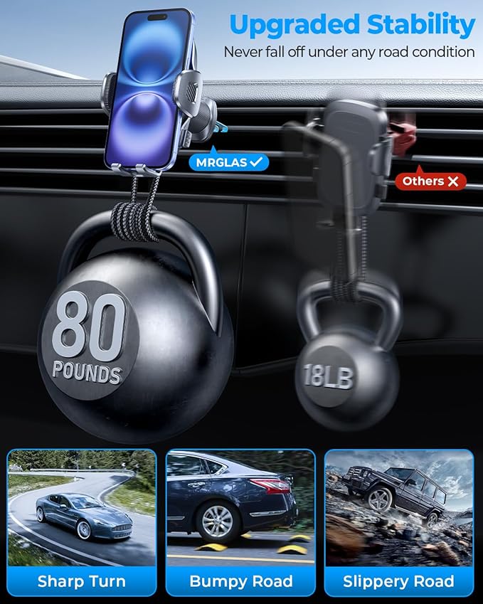 Phone Holders for Your Car with Double Metal Hook Clip, 【One-Hand Operation】 Air Vent Cell Phone Car Mount, Universal Automobile Cradle Fit for iPhone Android and All Smartphones, Dark Black