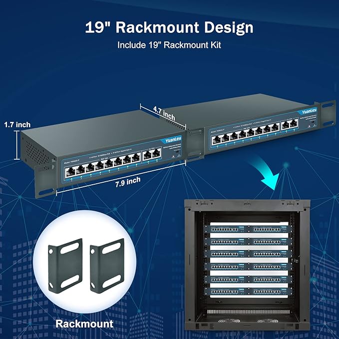 YuanLey 8 Port PoE Switch with 2 Gigabit Uplink, 8 PoE+ Port 100Mbps, 120W 802.3af/at, Extend Function, Metal, Fanless, Unmanaged Plug and Play Network Switch