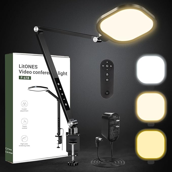 Video Conference Light for Computer, Dimmable Camera Lighting for Video Recording, Meeting, Laptop & Webcam, 15W Ring Light with C- Clamp,Swing Arm, Remote, Memory & Timer CRI >95