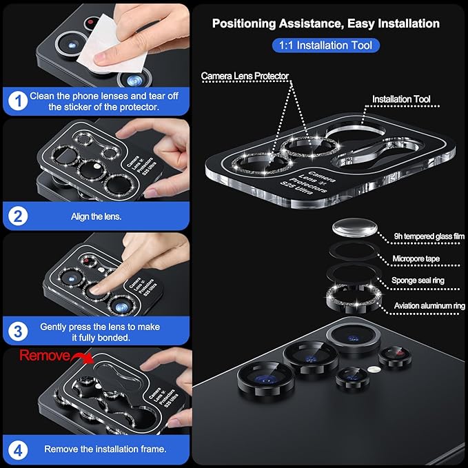 WSKEN for Samsung Galaxy S25 Ultra Camera Lens Protector - Ultra Thin Case Friendly, 9H Shatterproof Tempered Glass with Aluminum Metal Circle Camera Screen Protector Cover Accessories, Glitter Black