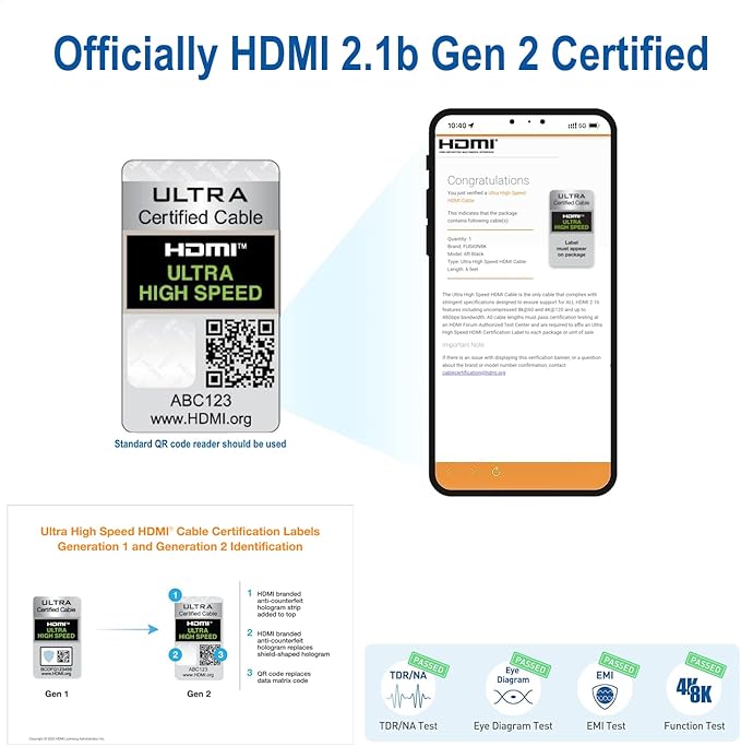 HDMI 2.1 Certified Cable Supports 10K 8K @60Hz and 4K @120Hz Compatible with All TVs, BluRay, Xbox Series X, PS5 (6 Feet)