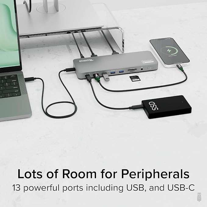 Plugable USB C Laptop Docking Station, Dual Monitor 4K 60Hz for Apple Mac M1/M2/M3/M4, 2X HDMI or 2X DisplayPort, 100W Charging DisplayLink Dock, 2 Displays for MacBook, Driver Required (UD-6950PDH)