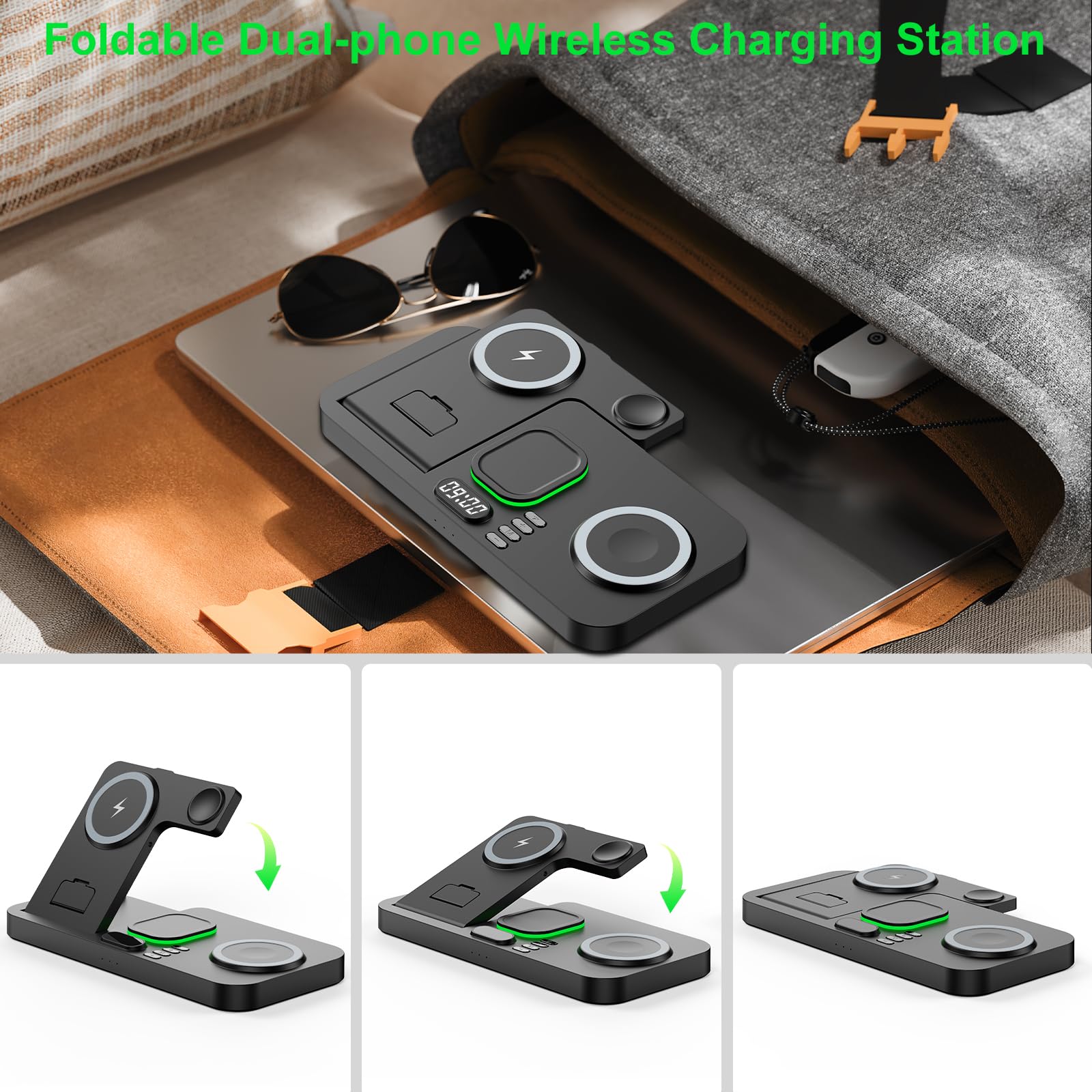 Dual Phone Wireless Charging Station for Apple Devices, Magnetic Charging Station for iPhone with Auto Switch 7-Color Light&Clock, Family Watch Charger for iPhone17 for iWatch11 for AirPods Pro3(Black