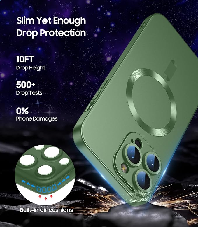 Magnetic for iPhone 15 Pro Case [Compatible with MagSafe][Built-in Camera Lens Protector] Slim Soft Silicone Bumper Shockproof Metallic Shine Phone Case (Green)