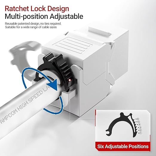 AMPCOM CAT6 RJ45 Keystone Jack - Reusable UTP Ethernet Wall Jack with Adjustable Ratchet Lock Design, No Tool and Zip Tie Required - 50u Gold Plated - White (6-Pack)